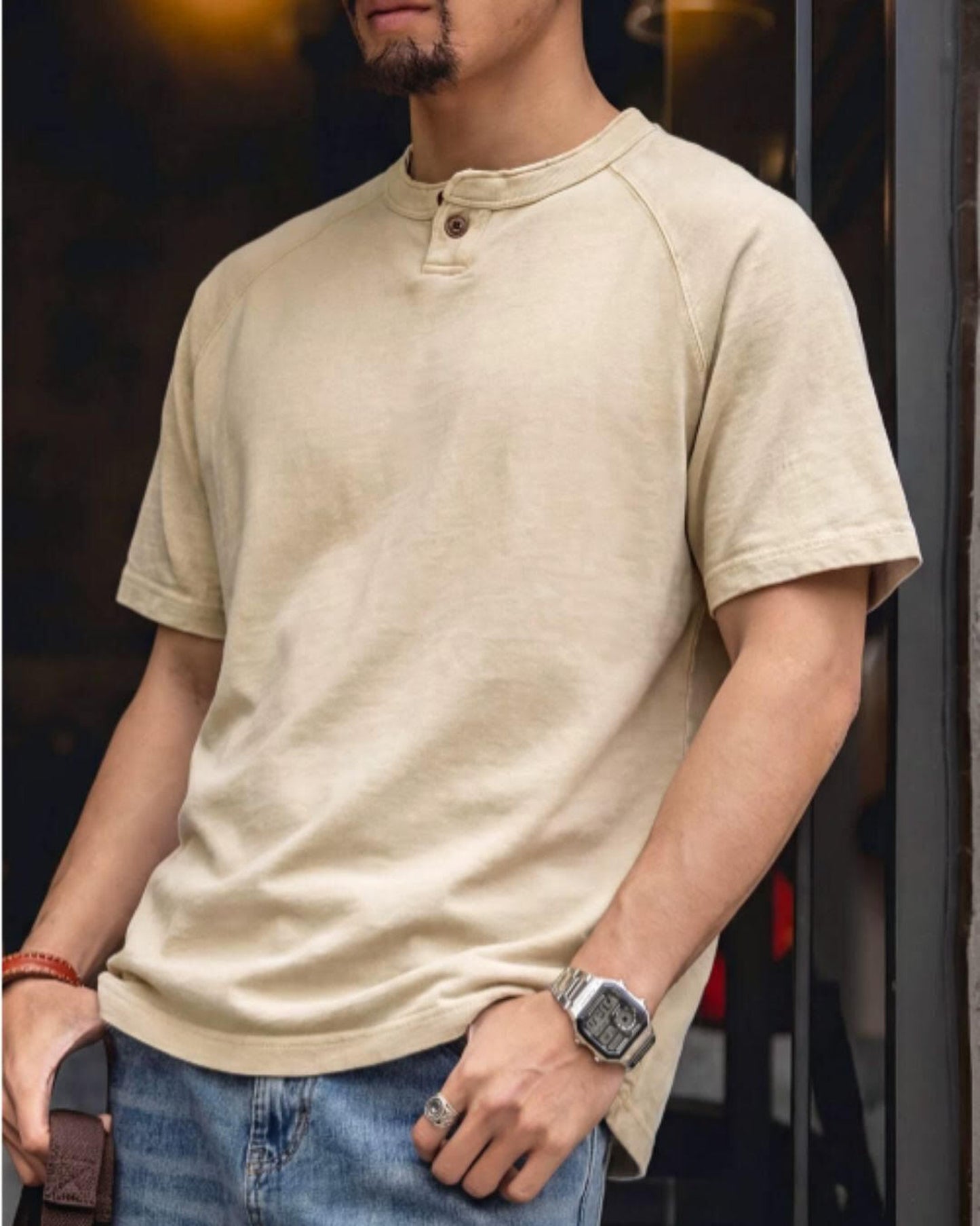button fastening henley neck t-shirt 2color 【ACT0038】
