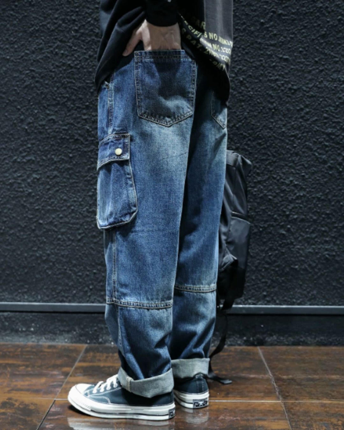 vintage processed loose fit cargo denim pants 【ACT0023】
