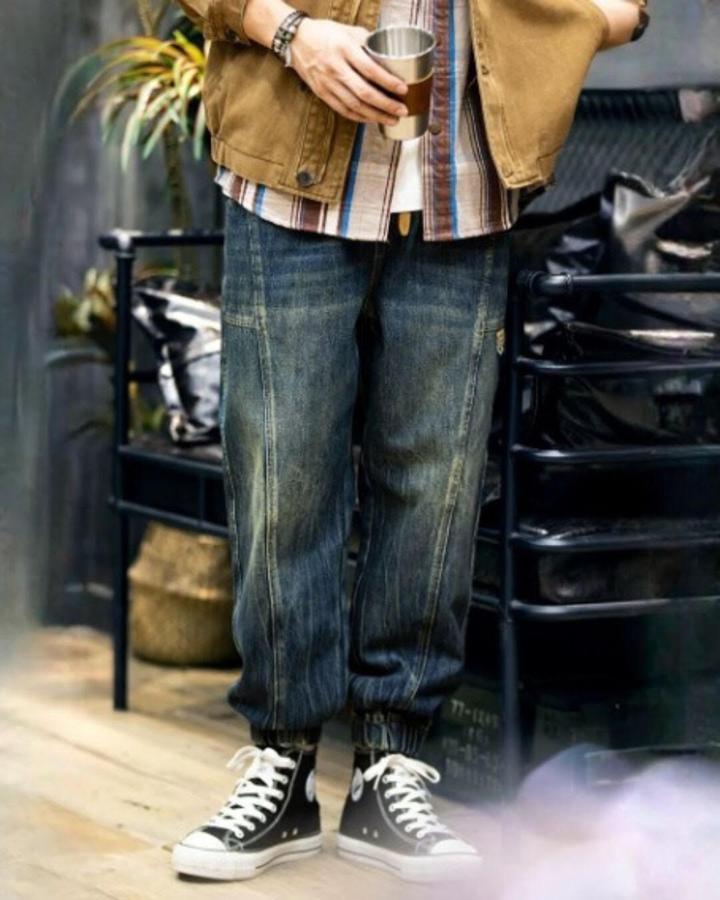vintage-processed tapered denim pants 【ACT0007】