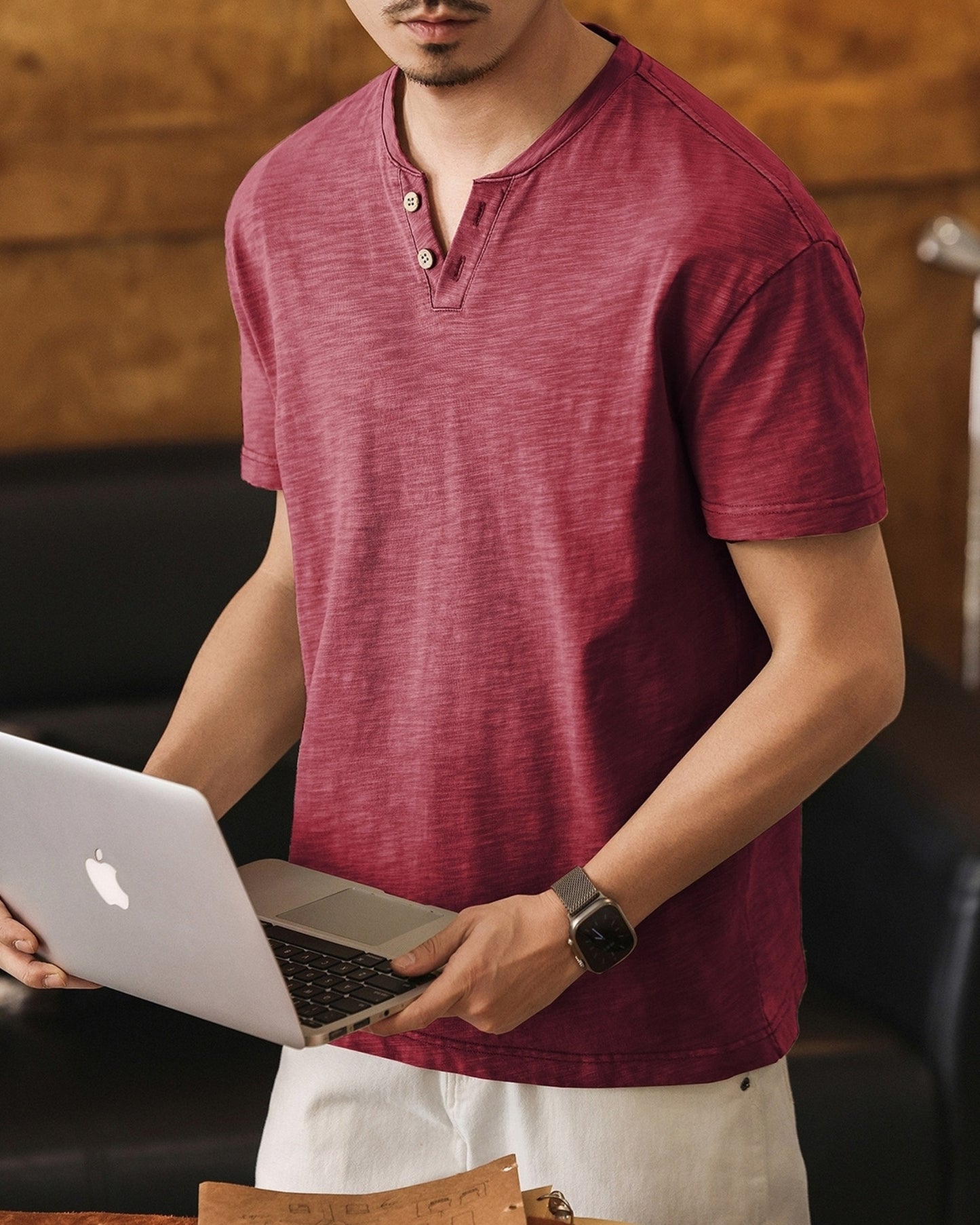 slub cotton henley neck loose short sleeve T-shirt 3color 【ACT0229】