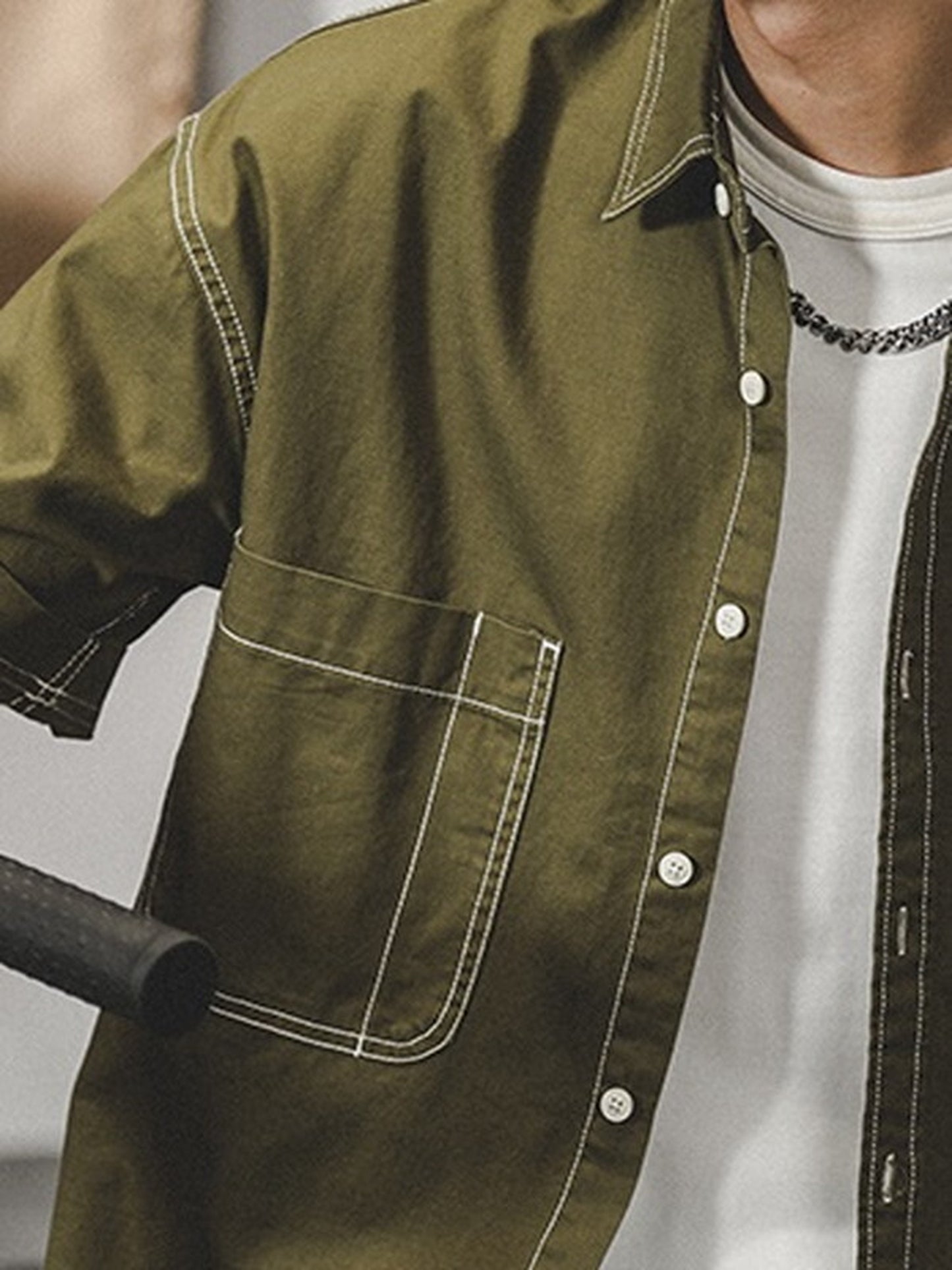 loose-fit stitched pocket short-sleeve cotton shirt 【ACT0252】