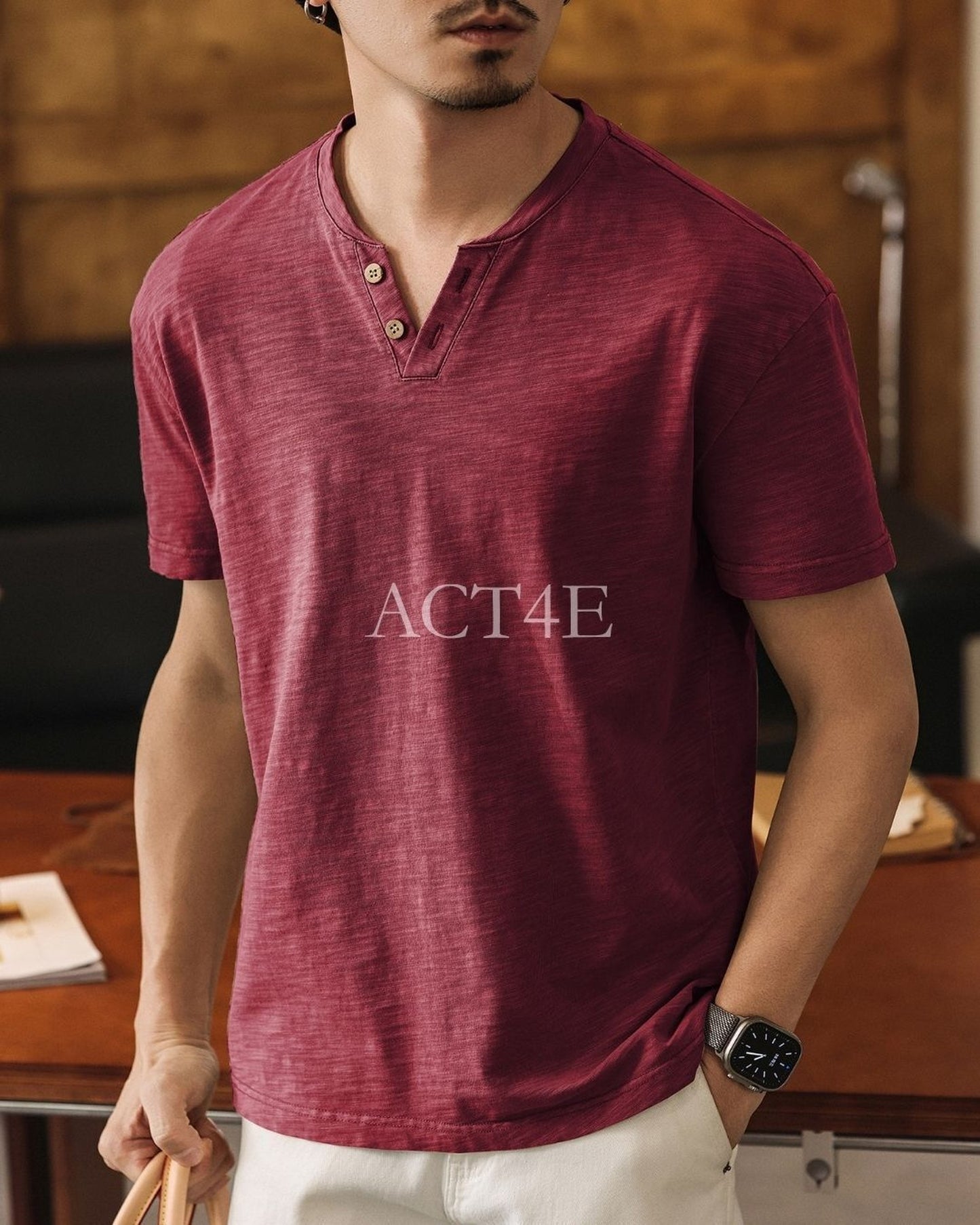 slub cotton henley neck loose short sleeve T-shirt 3color 【ACT0229】