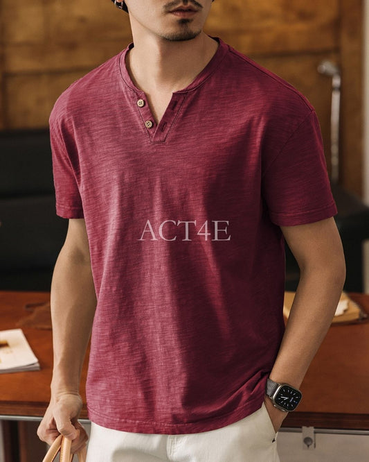 slub cotton henley neck loose short sleeve T-shirt 3color 【ACT0229】