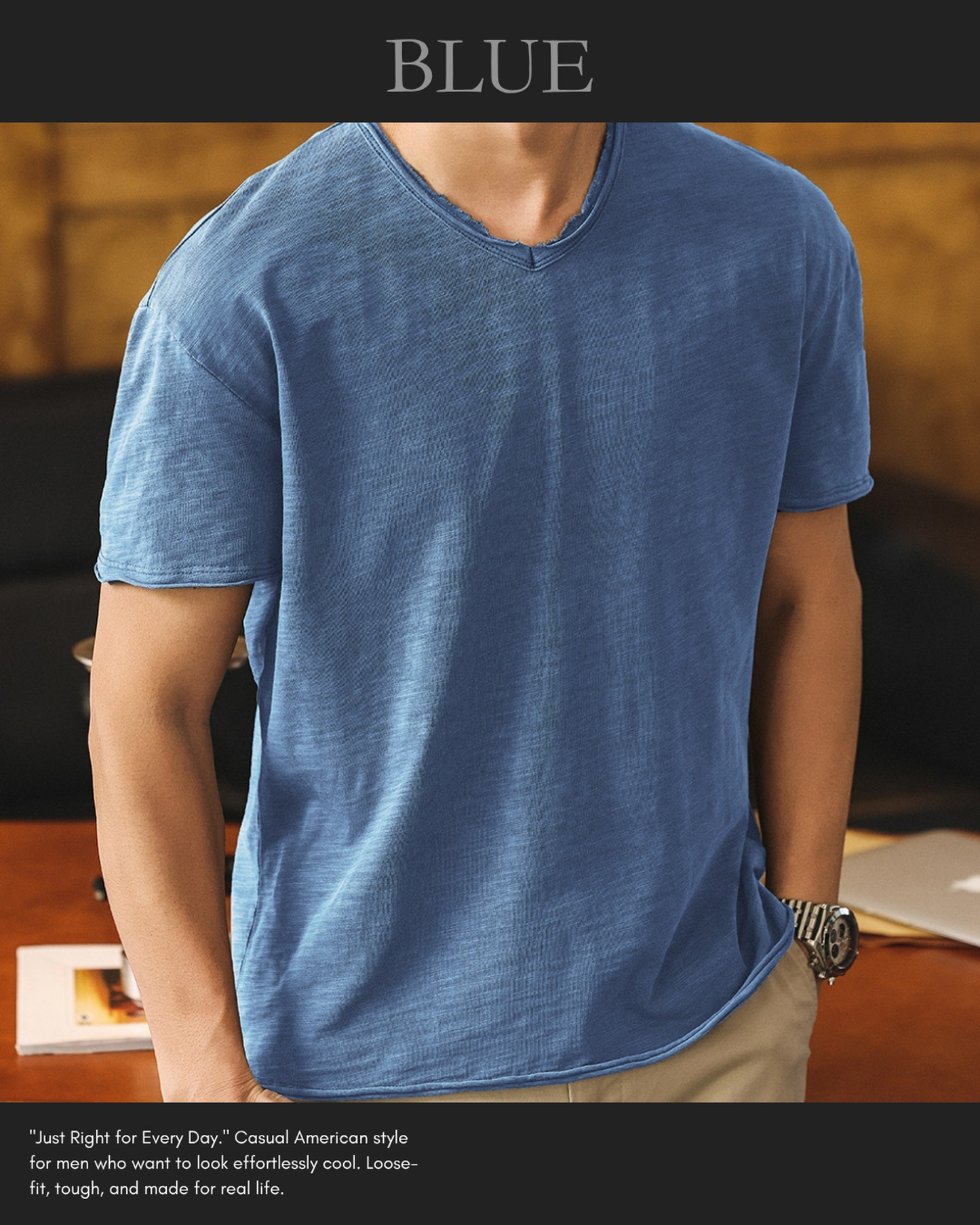 american retro slub cotton v-neck short sleeve t-shirt 7color 【ACT0160】