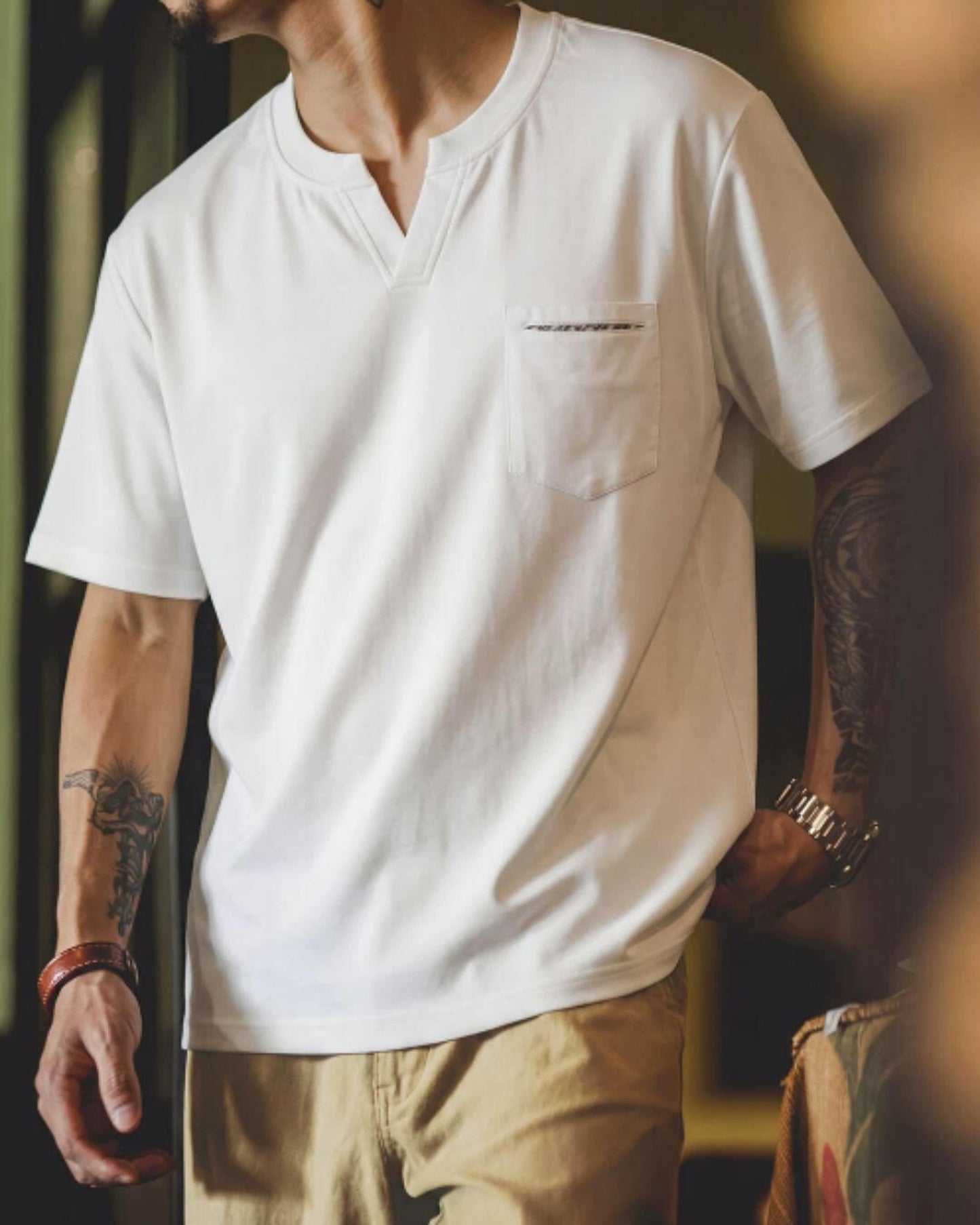 henley neck patch pocketed t-shirt 2color 【ACT0036】
