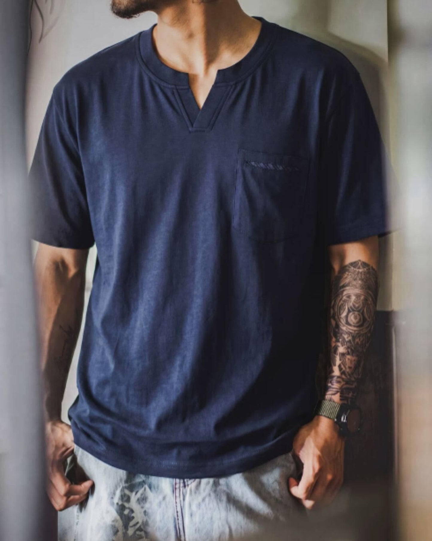 henley neck patch pocketed t-shirt 2color 【ACT0036】