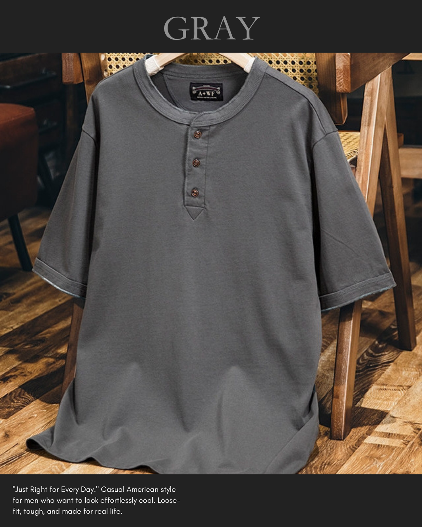 vintage henley neck solid short sleeve t-shirt 5color 【ACT0158】