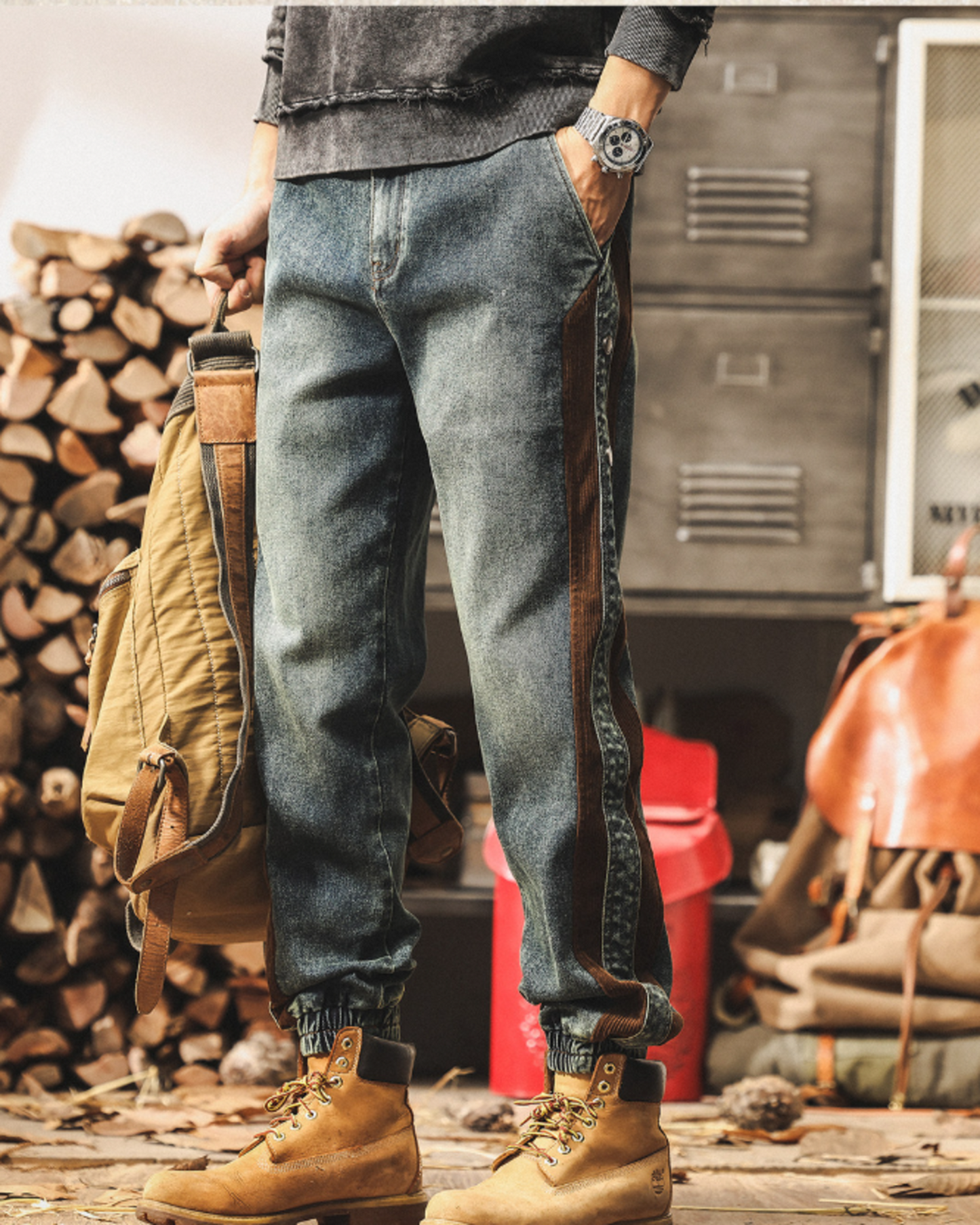 vintage stitched side corduroy jogger denim pants 2color 【ACT0207】