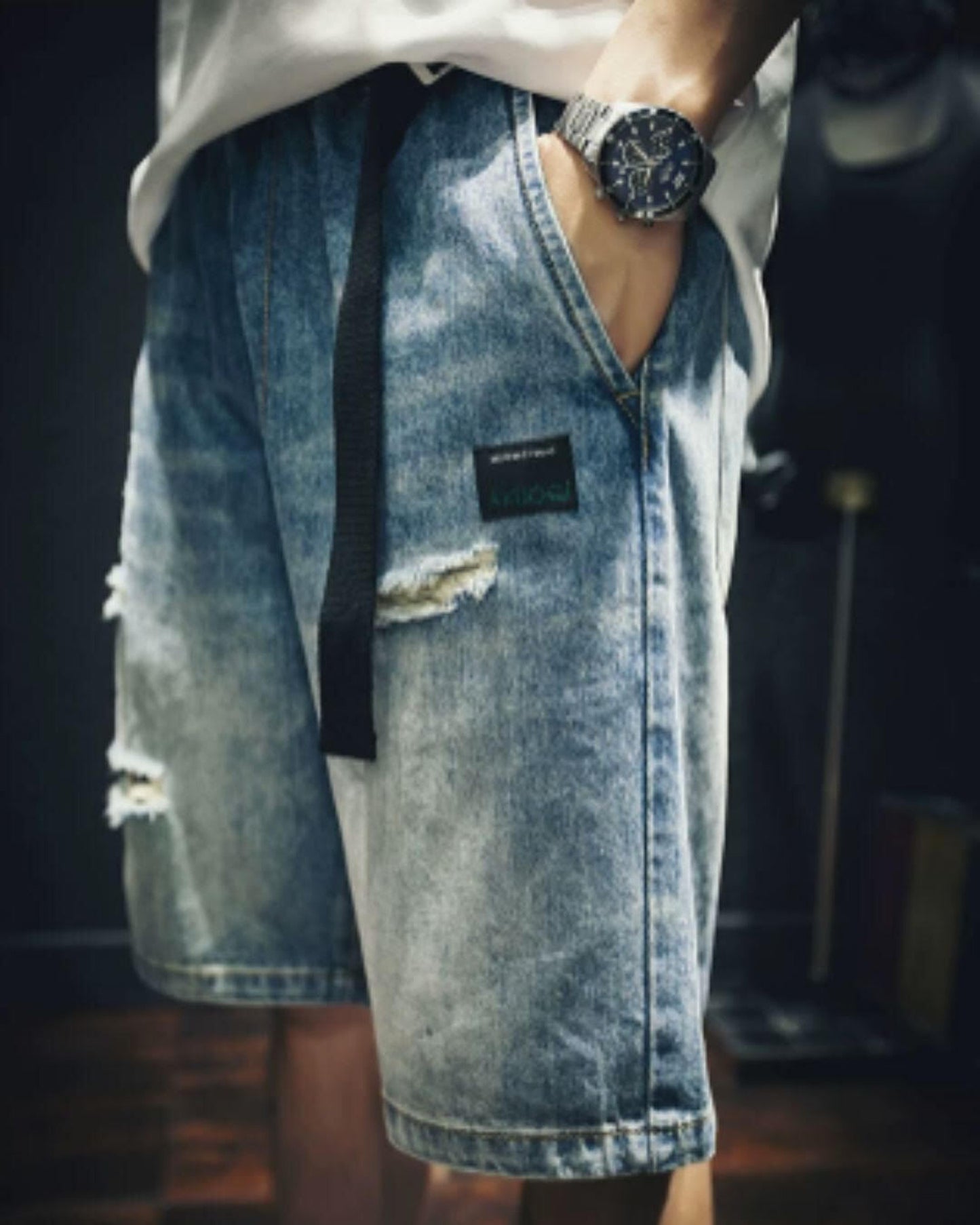 damage processed belted denim half pants 【ACT0005】