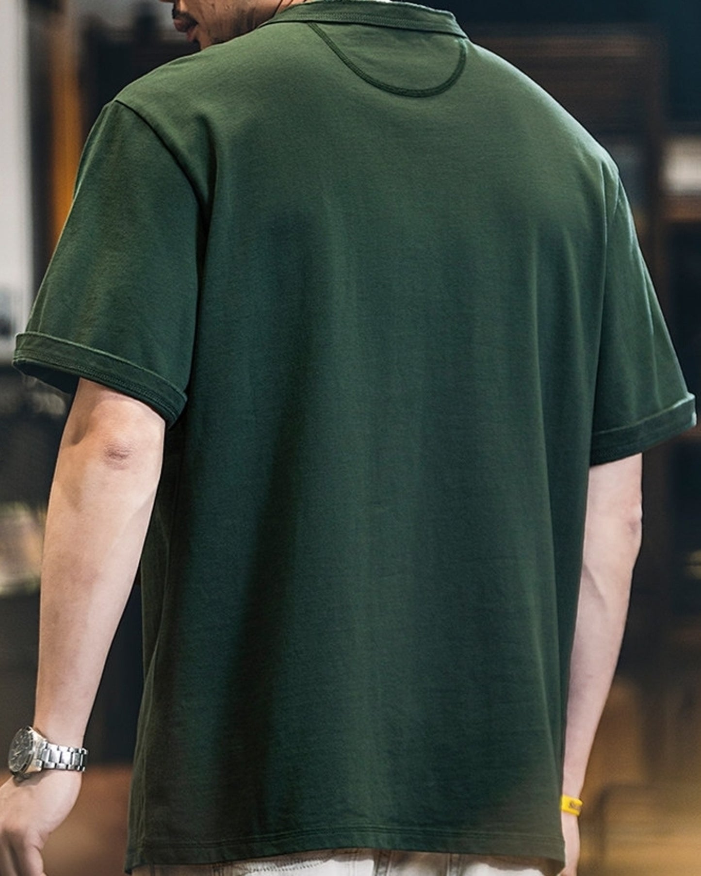 vintage henley neck solid short sleeve t-shirt 5color 【ACT0158】
