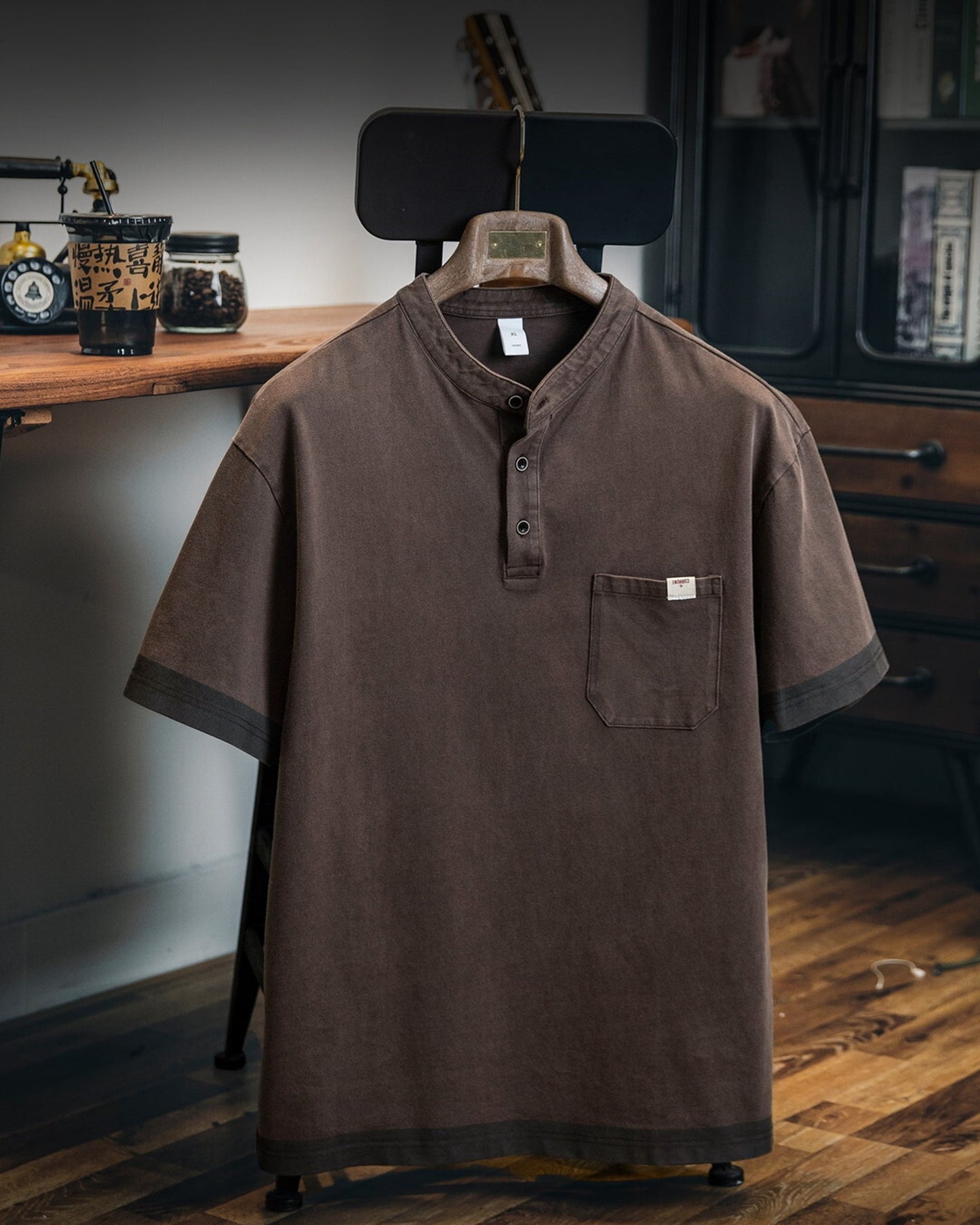 Henley-Neck Pocket-Detail Loose Casual Short-Sleeve T-Shirt 【ACT0128】