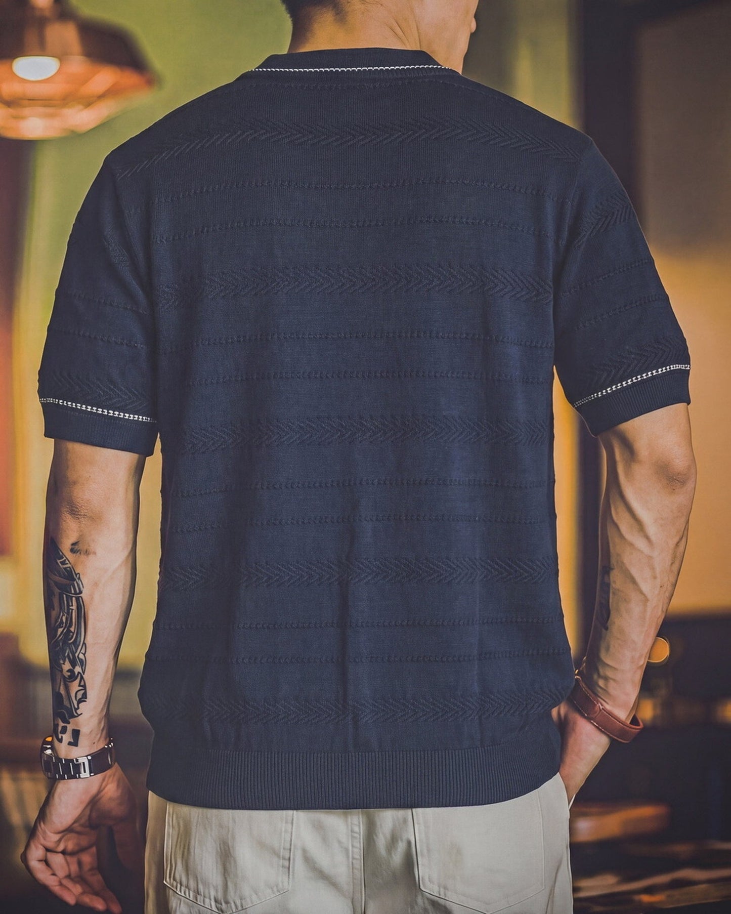 Pattern-Knit Contrast-Trim Loose Casual Knit-Shirt 3color 【ACT0086】