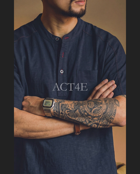 Classic Contrast-Stitch Band-Collar Vintage Pullover-Shirt 【ACT0094】