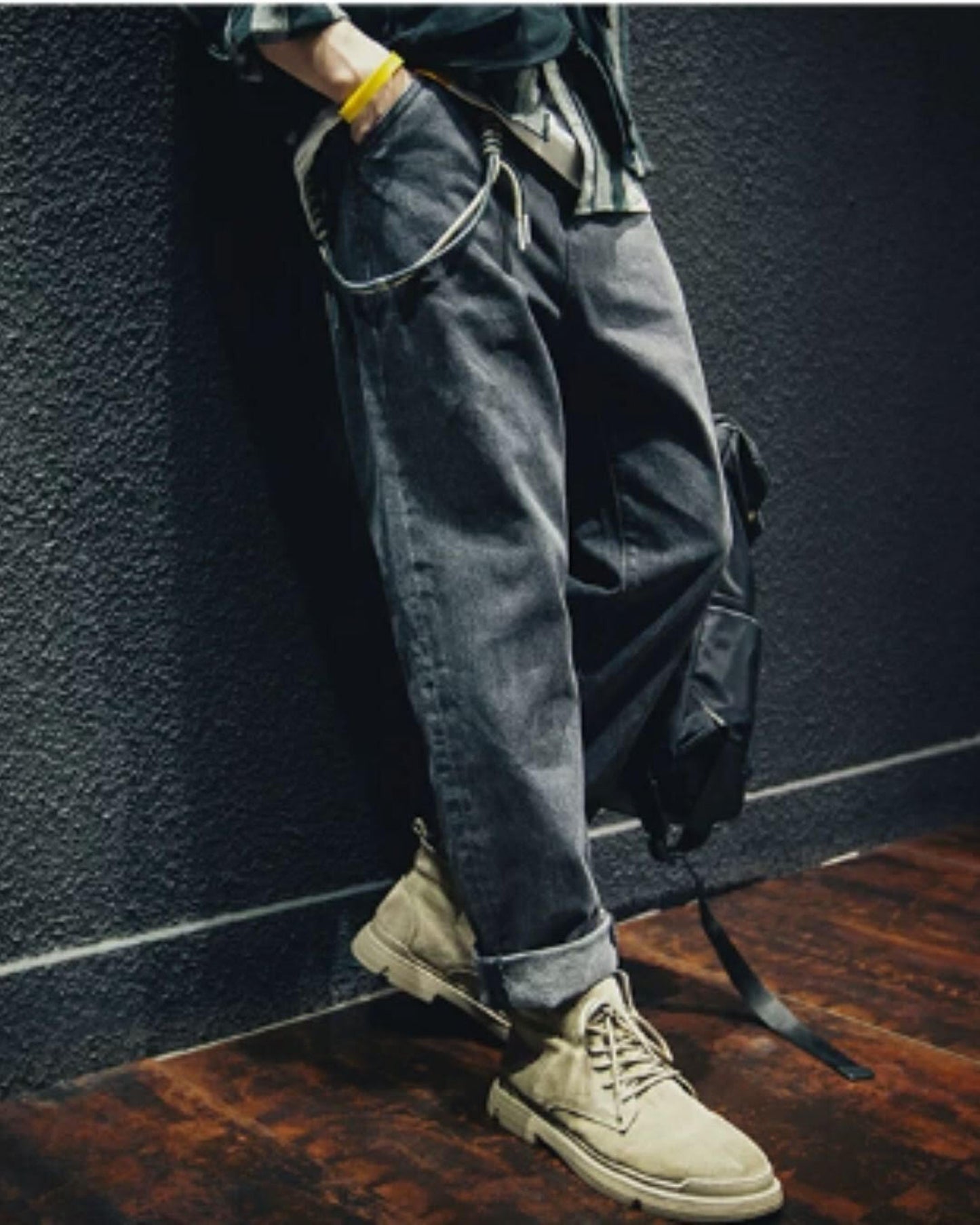 drawstring processed wide straight denim pants 【ACT0022】