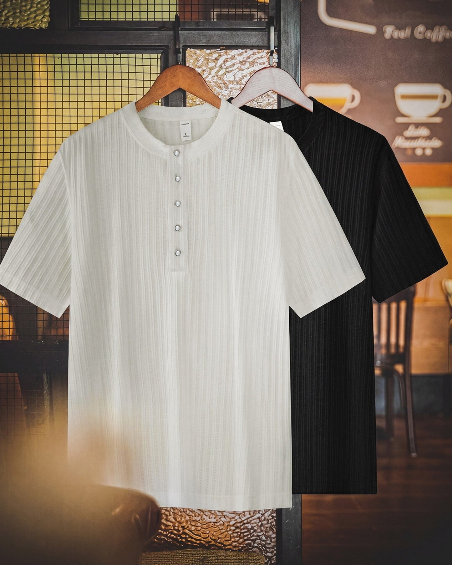 Vintage Ribbed-Knit Henley-Neck Casual T-Shirt 2color 【ACT0098】