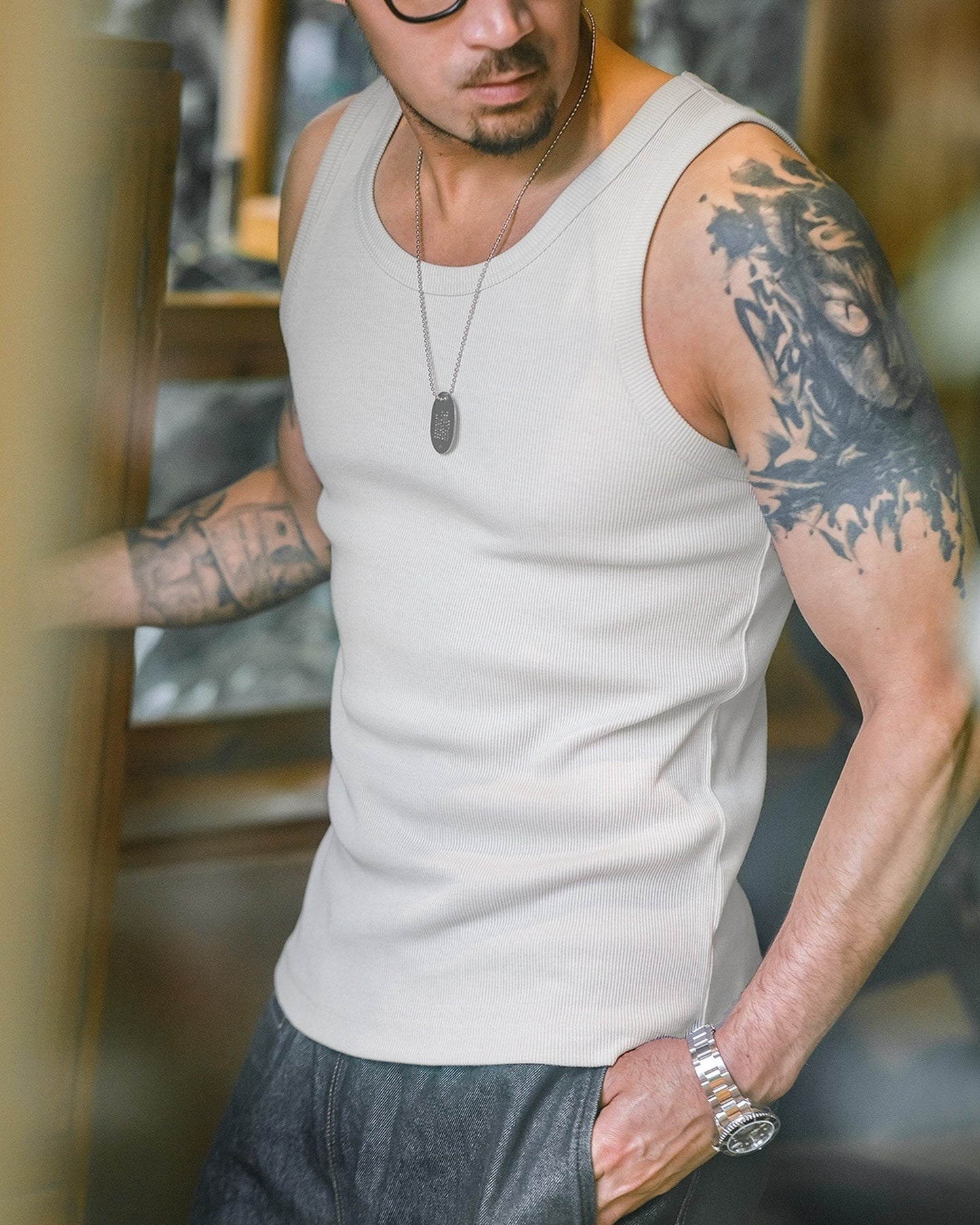 Ribbed-Weave Slim-Fit Round-Neck Casual Tank-Top 5color 【ACT0134】