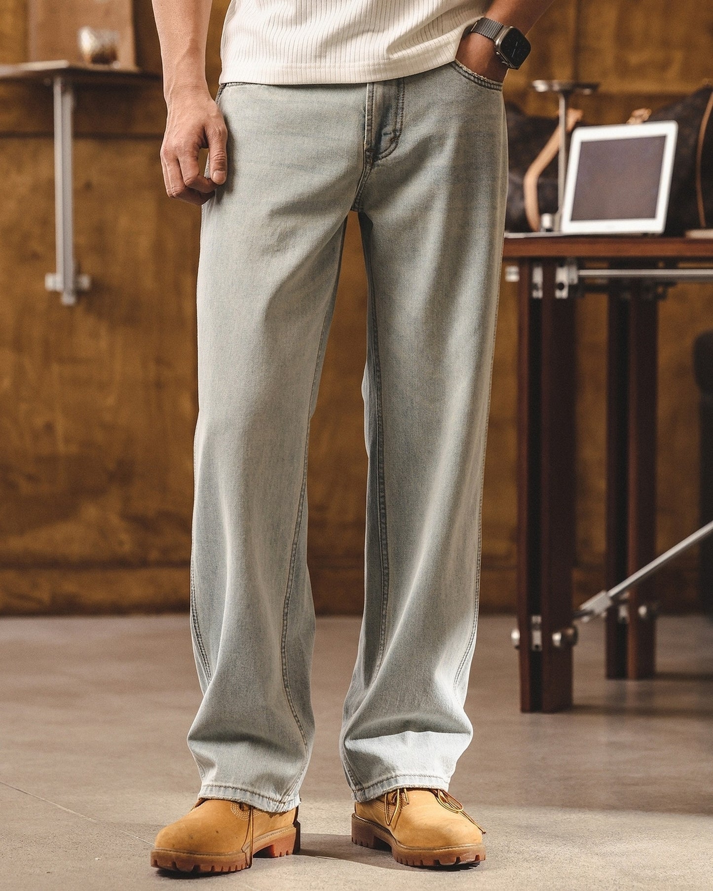 ice blue relaxed straight denim pants 【ACT0181】