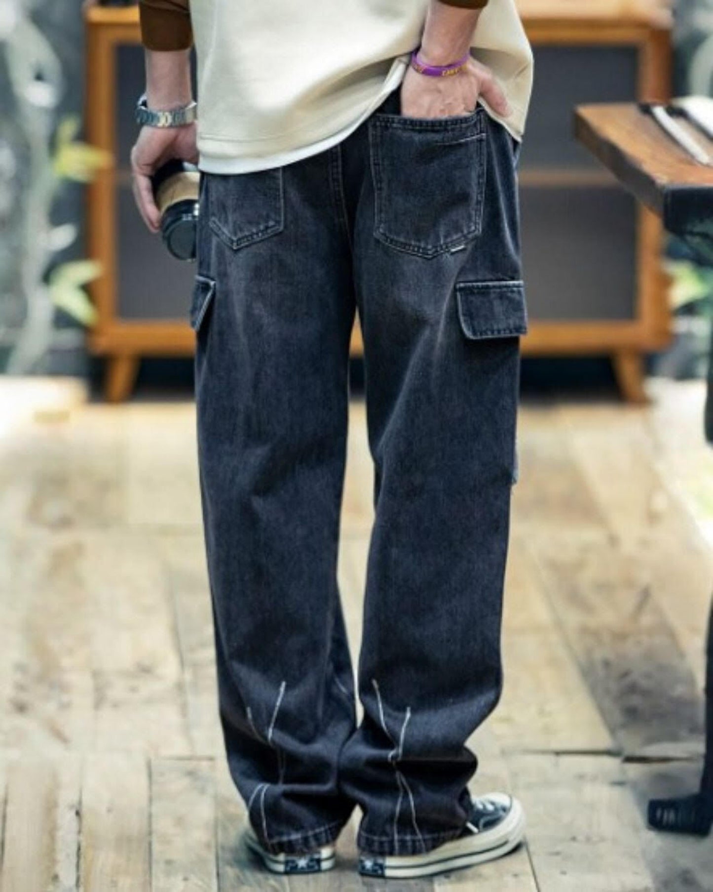 patch pocket wide denim cargo pants 【ACT0006】