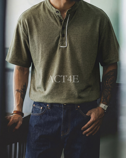 Linen-Blend Piping Relaxed Henley Neck T-Shirt 【ACT0113】