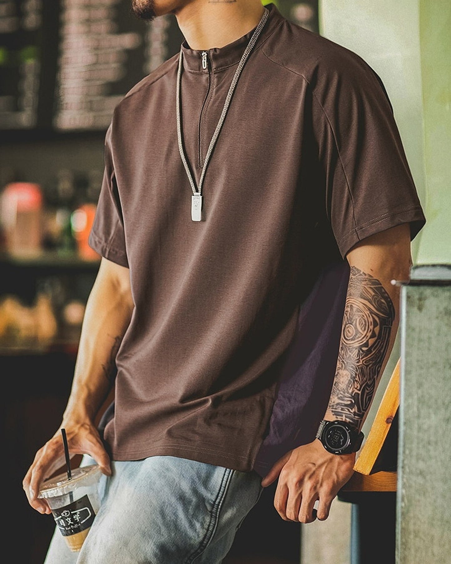 Half-Zip Coolmax-Blend Color-Block Short-Sleeve T-Shirt 【ACT0132】