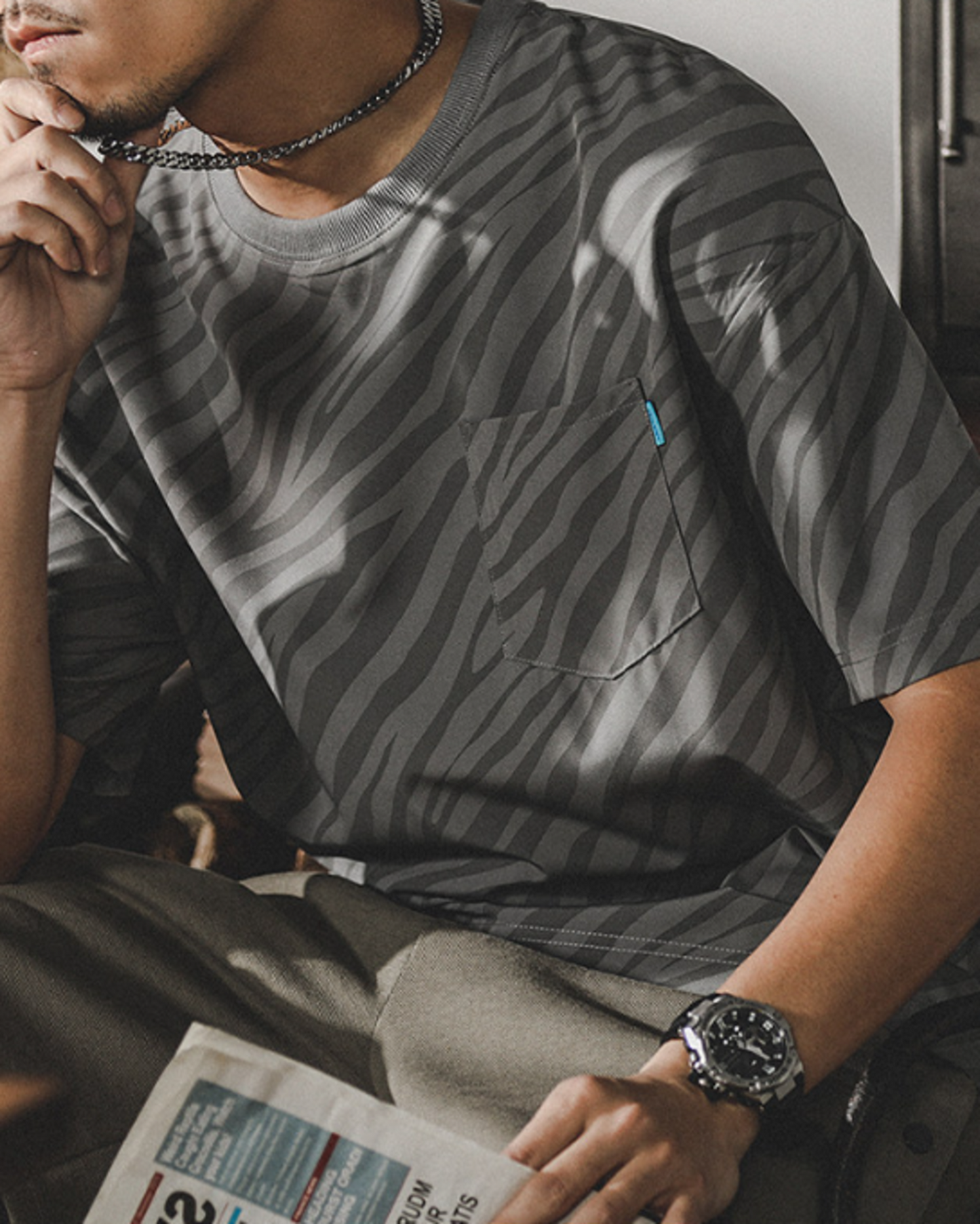 zebra striped pocket short sleeve t-shirt 3color 【ACT0165】