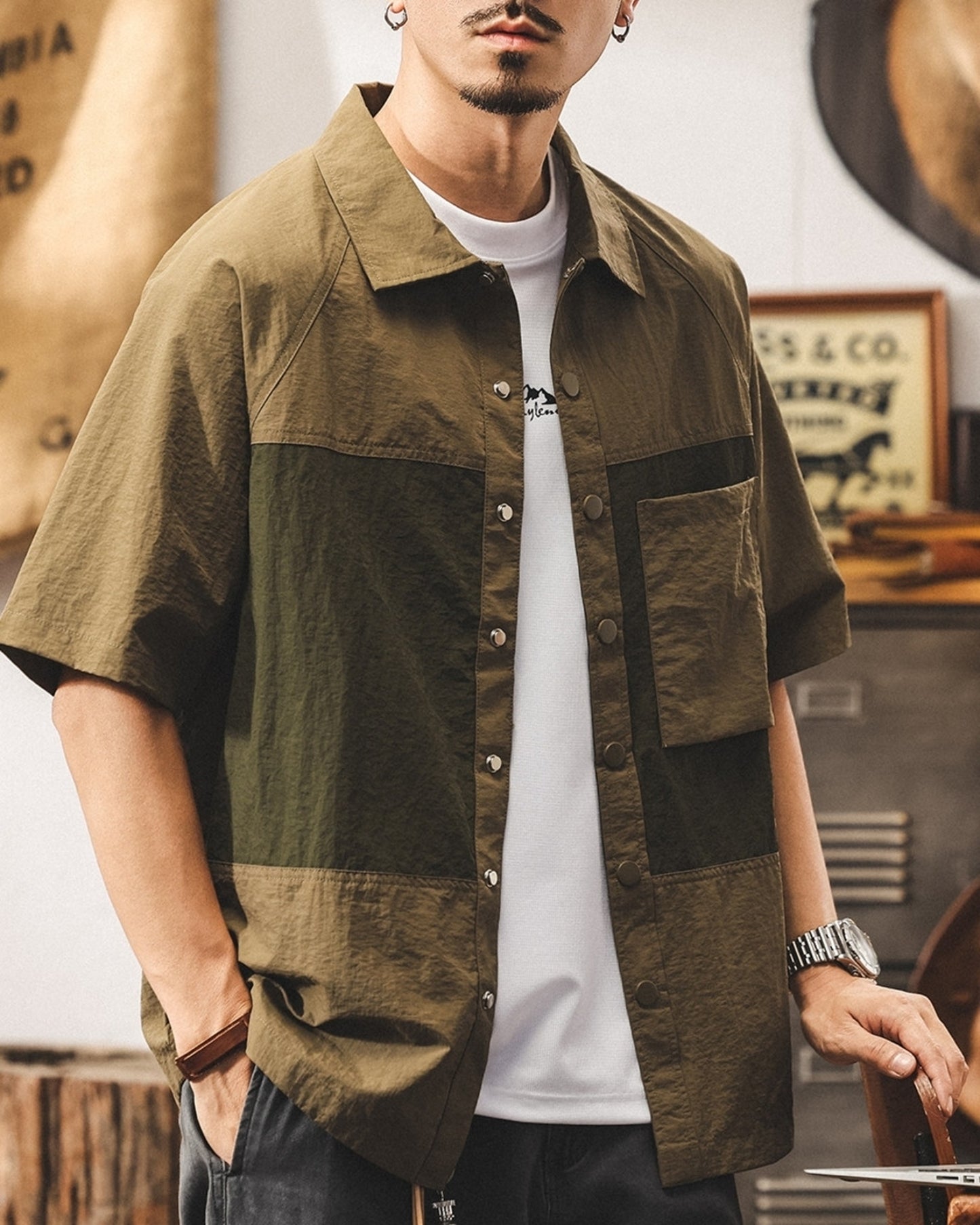 color block quick-dry utility cargo shirt 2color 【ACT0237】