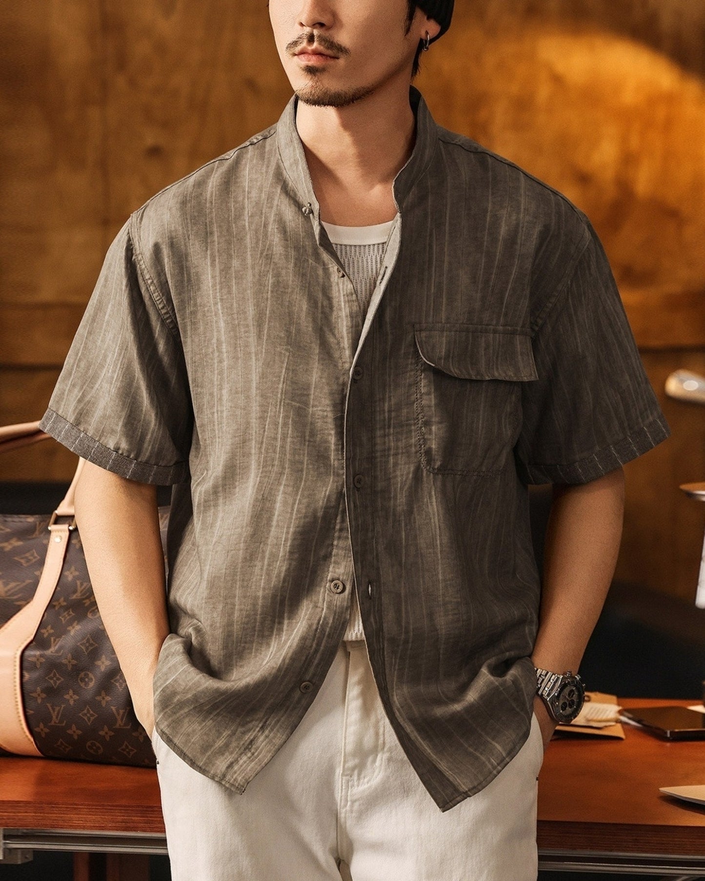 old money style striped short sleeve shirt 【ACT0171】