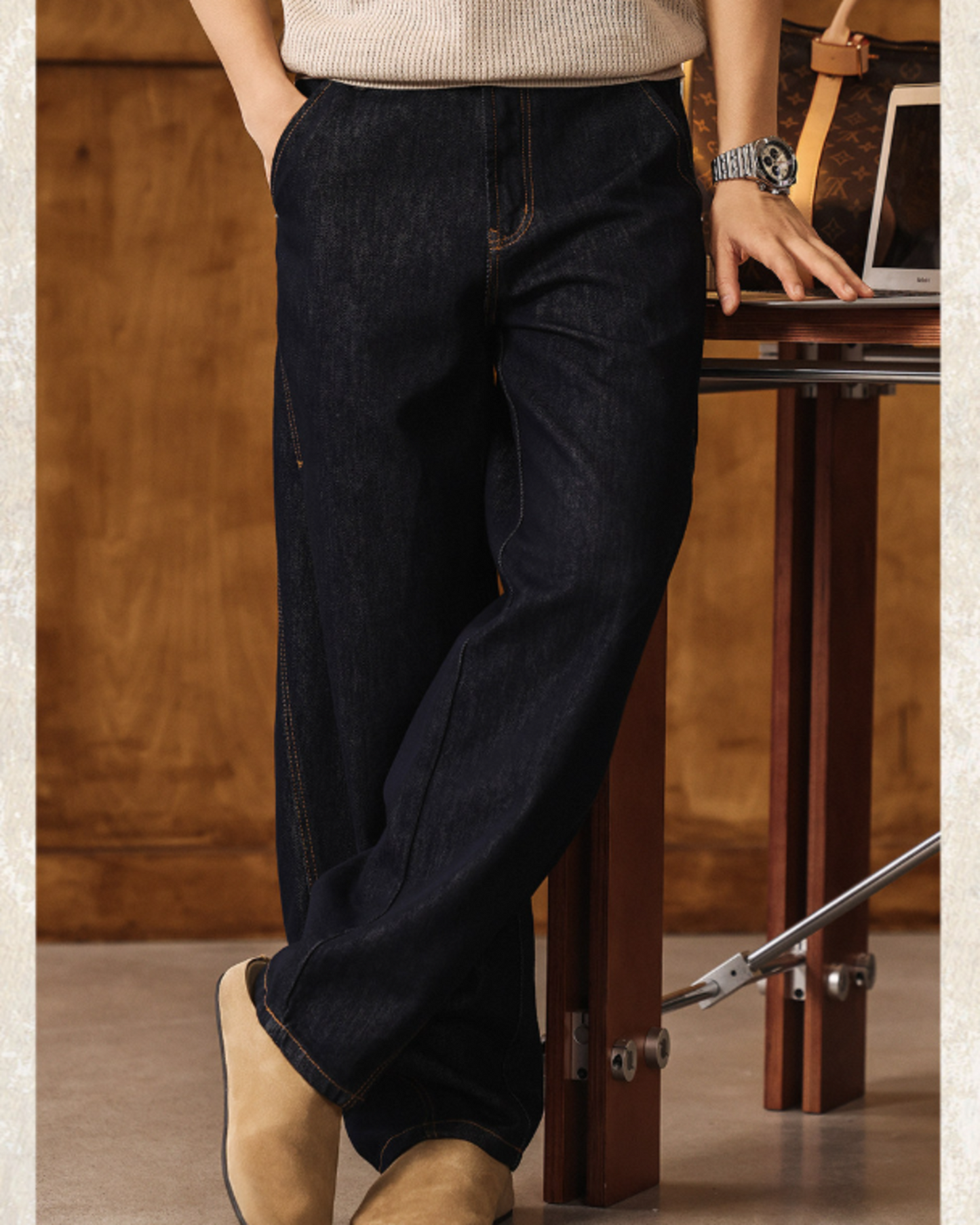 vintage raw wash curved wide denim pants 【ACT0214】
