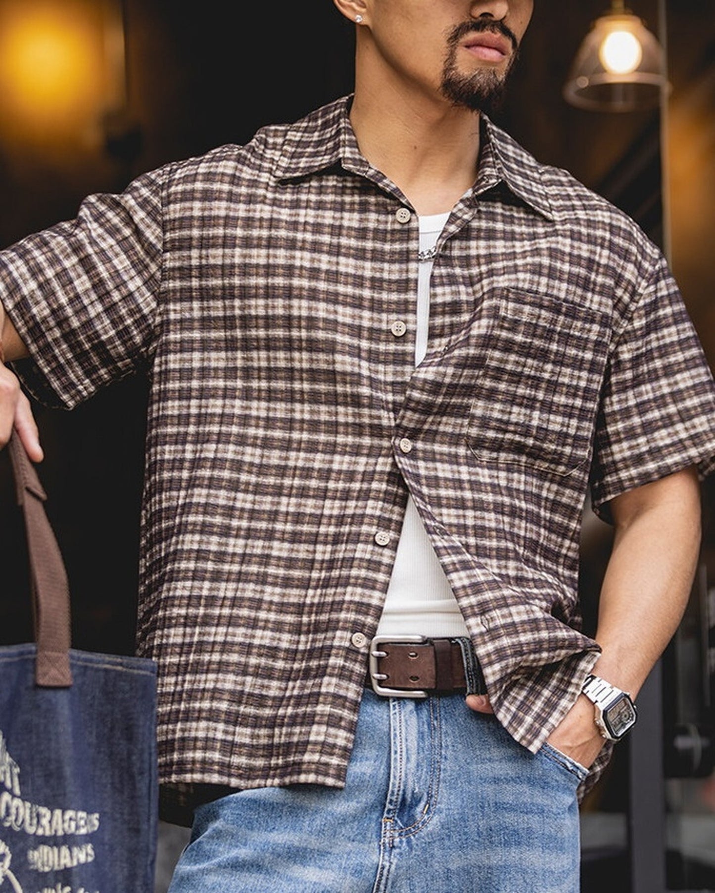 Classic-Check Pocket Loose Casual Short-Sleeve Shirt 【ACT0130】