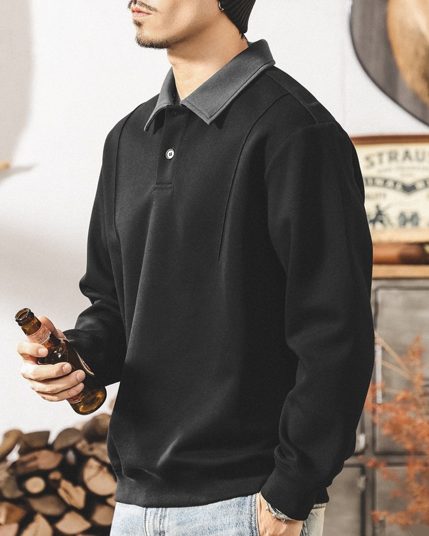 heavy weight long sleeve POLO shirt 2color 【ACT0239】