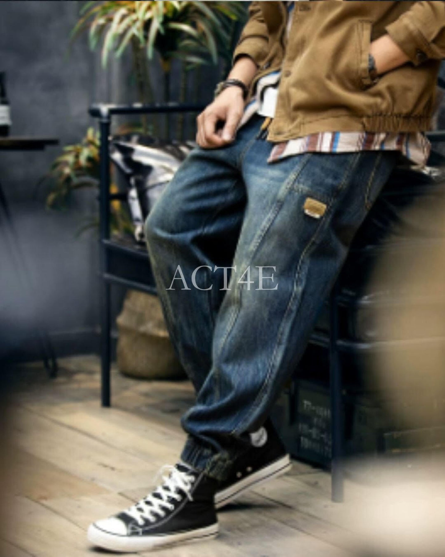 vintage-processed tapered denim pants 【ACT0007】