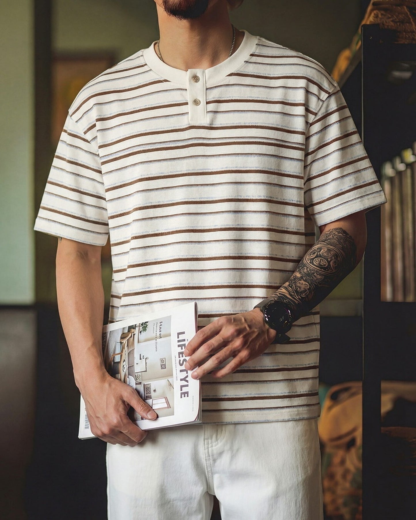 Stripe Henley-Neck Casual Loose Short-Sleeve T-Shirt 【ACT0071】