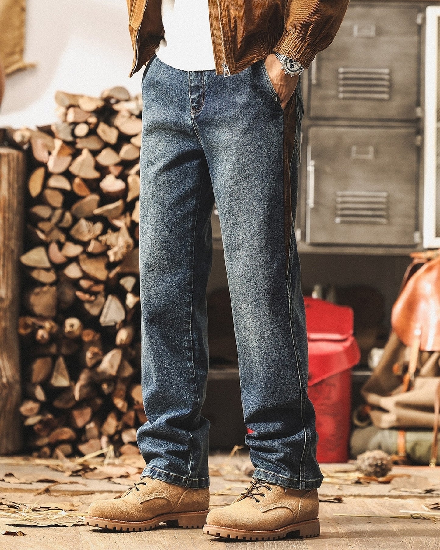 vintage stitched side corduroy straight denim pants 2color 【ACT0209】