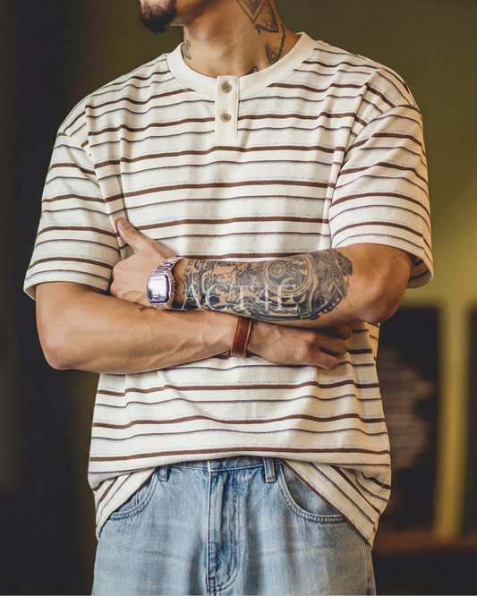Stripe Henley-Neck Casual Loose Short-Sleeve T-Shirt 【ACT0071】
