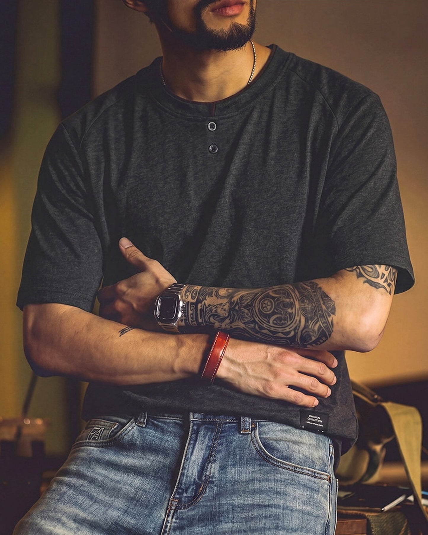 Vintage Raglan-Sleeve Heavyweight Cotton Henley T-Shirt 【ACT0102】