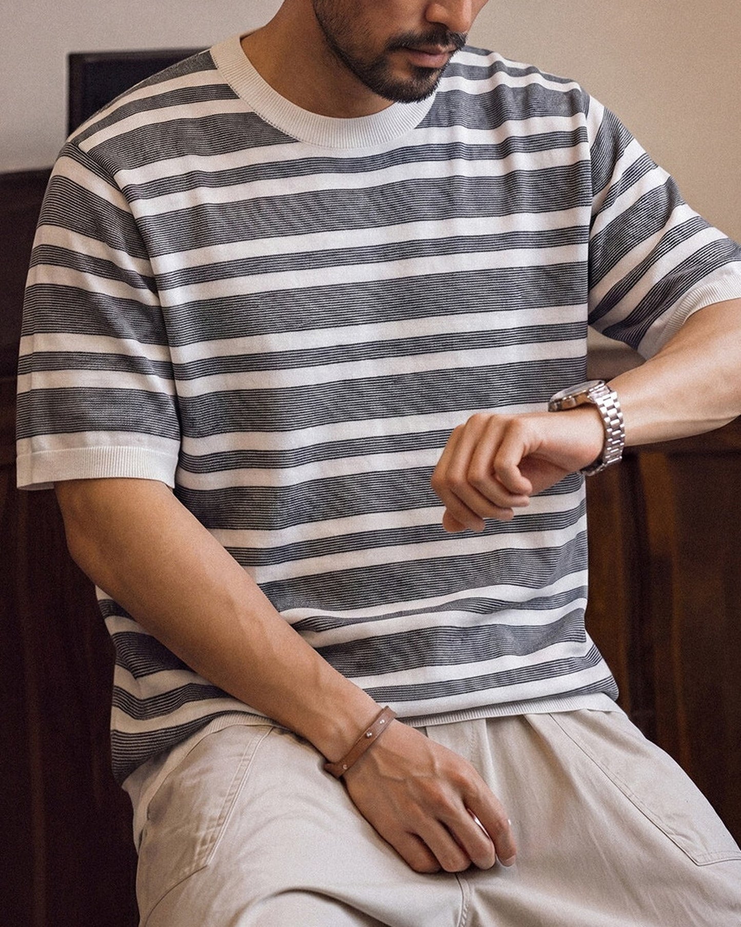 Short Sleeve Relaxed Fit Striped Crew Neck Knit T-Shirt 2color 【ACT0123】