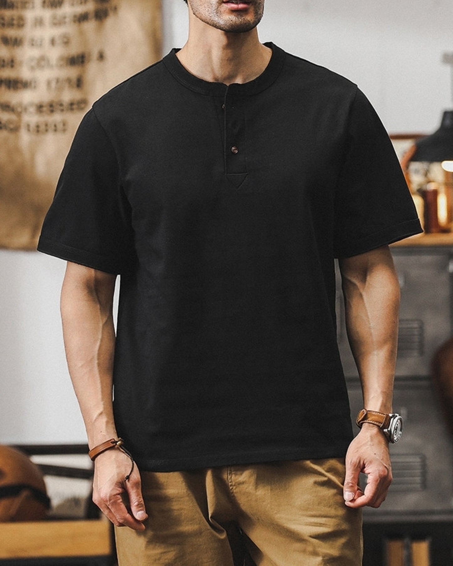 loose cotton henley neck t-shirt 5color 【ACT0164】