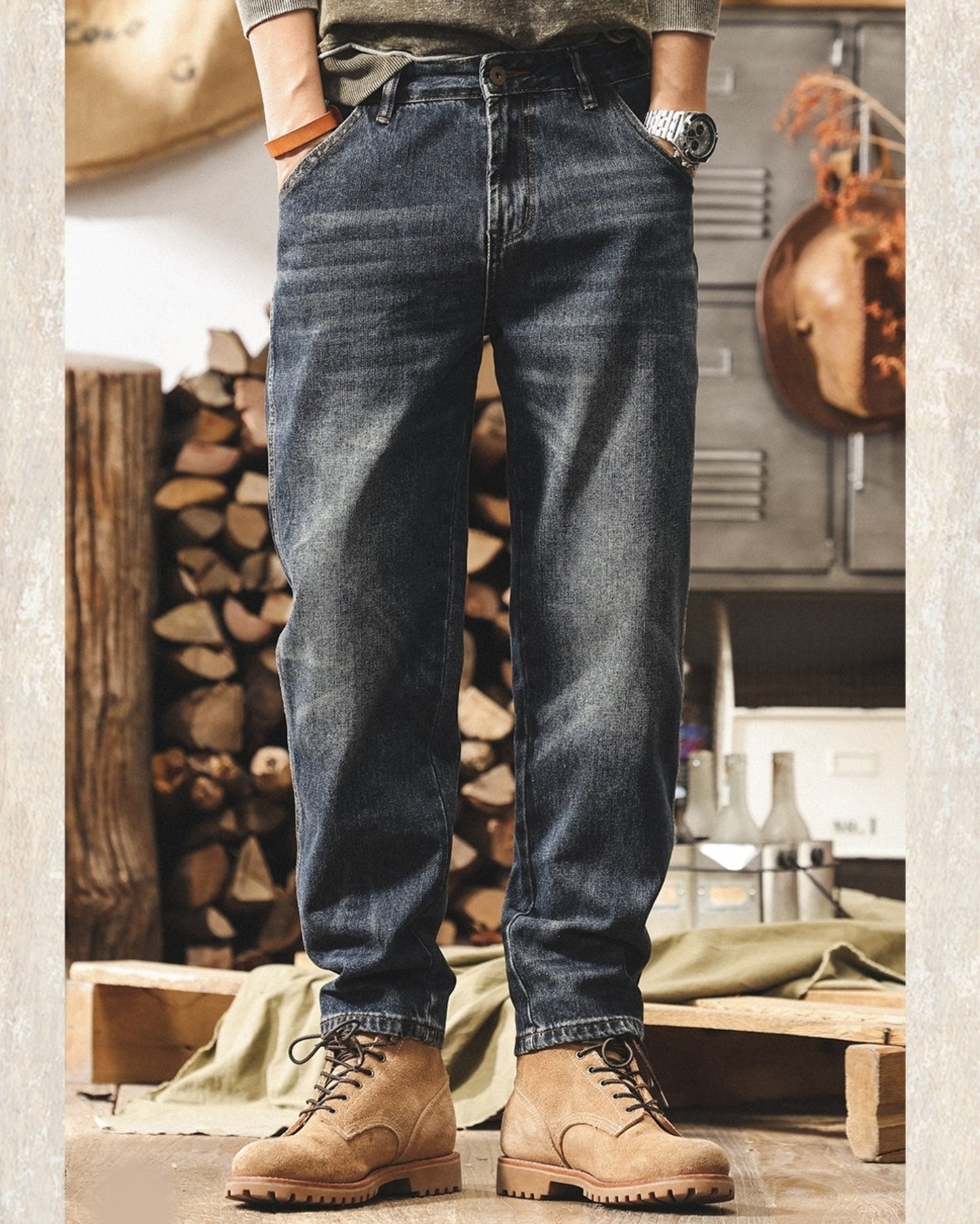 vintage washed loose tapered denim pants 【ACT0208】