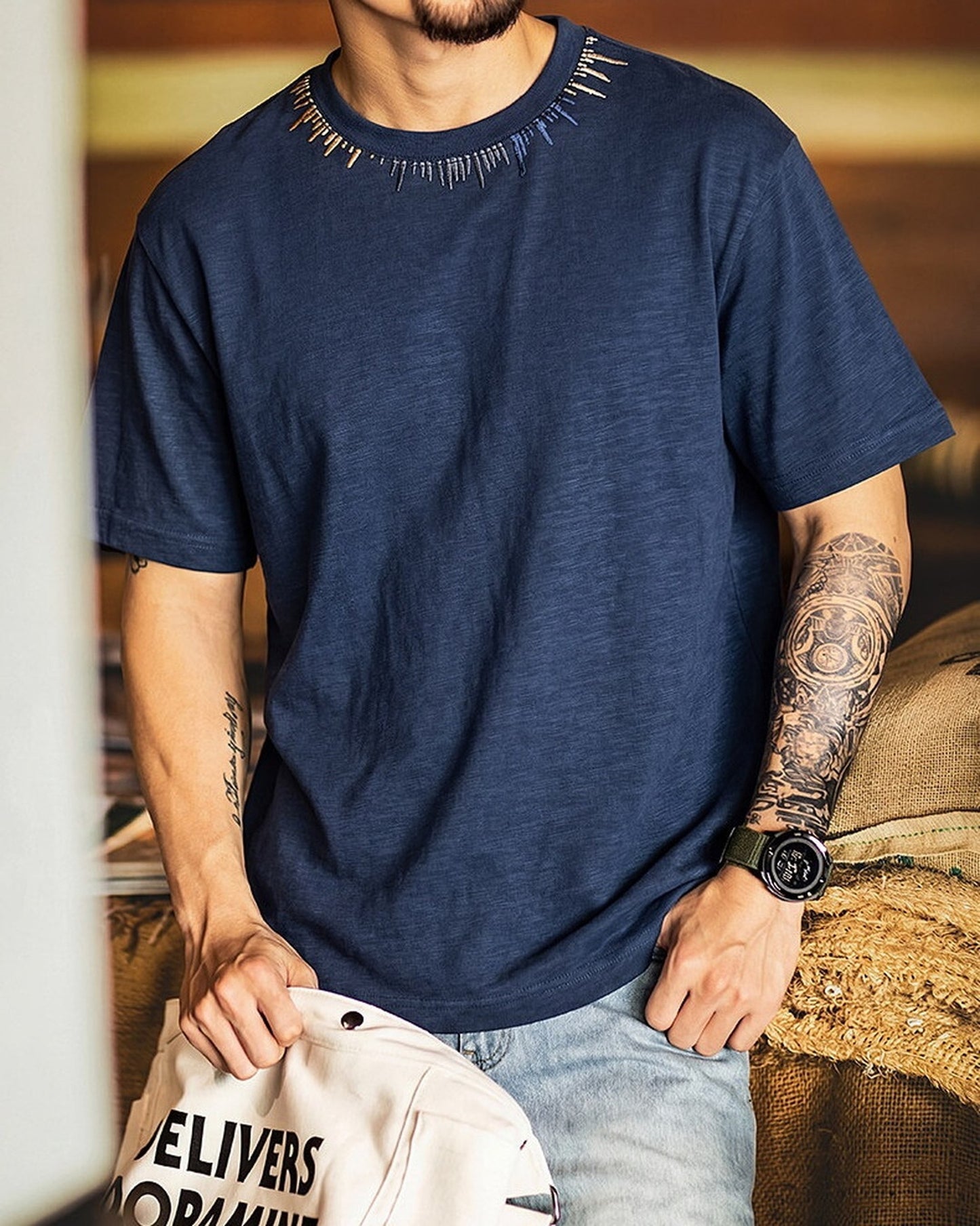 Neckline-Embroidery Casual Loose T-Shirt 2color 【ACT0084】