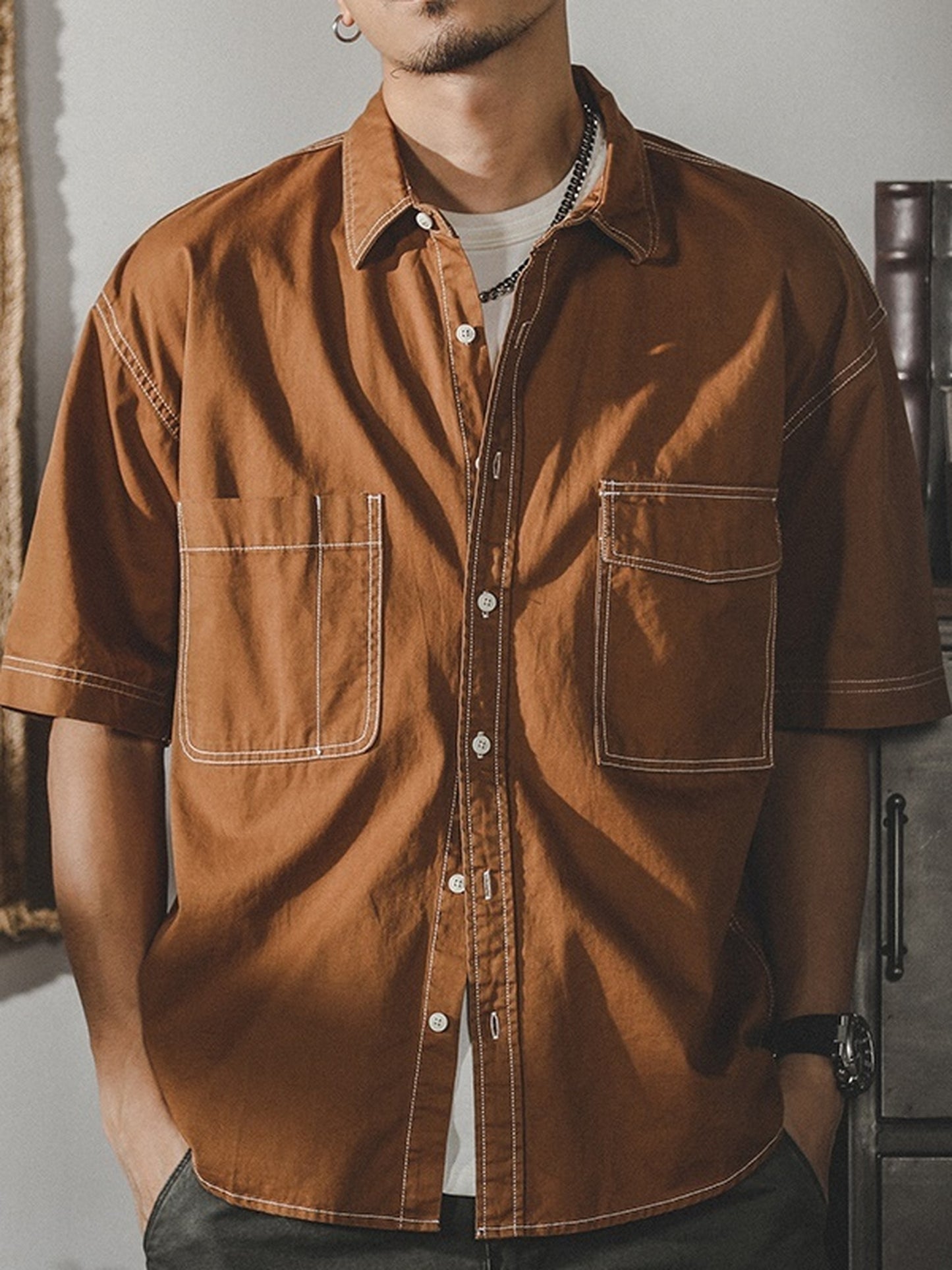 loose-fit stitched pocket short-sleeve cotton shirt 【ACT0252】