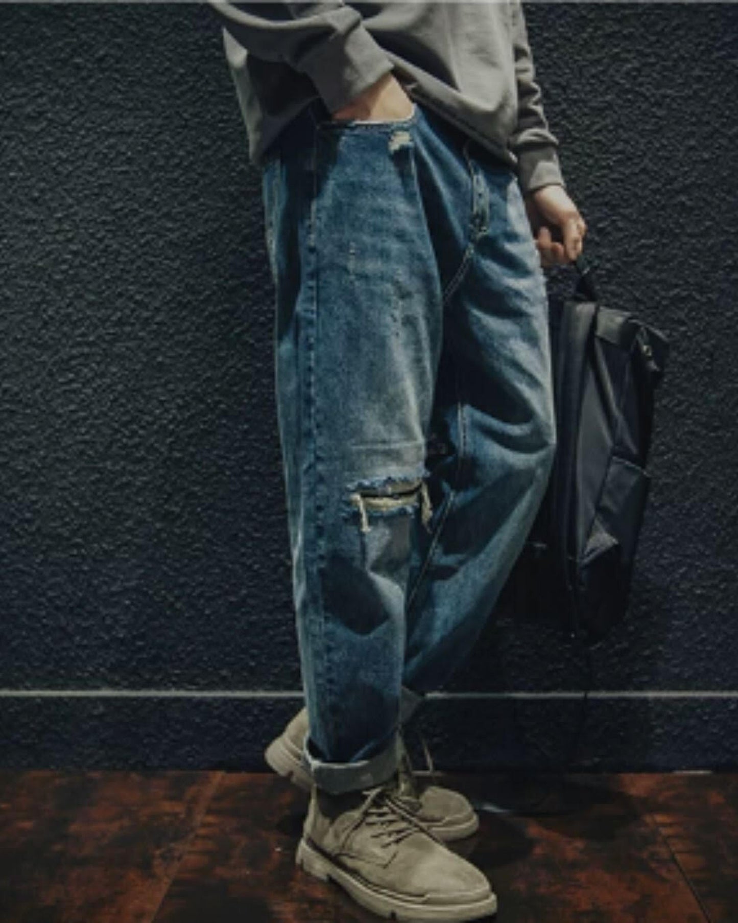 damage straight wide denim pants 【ACT0015】