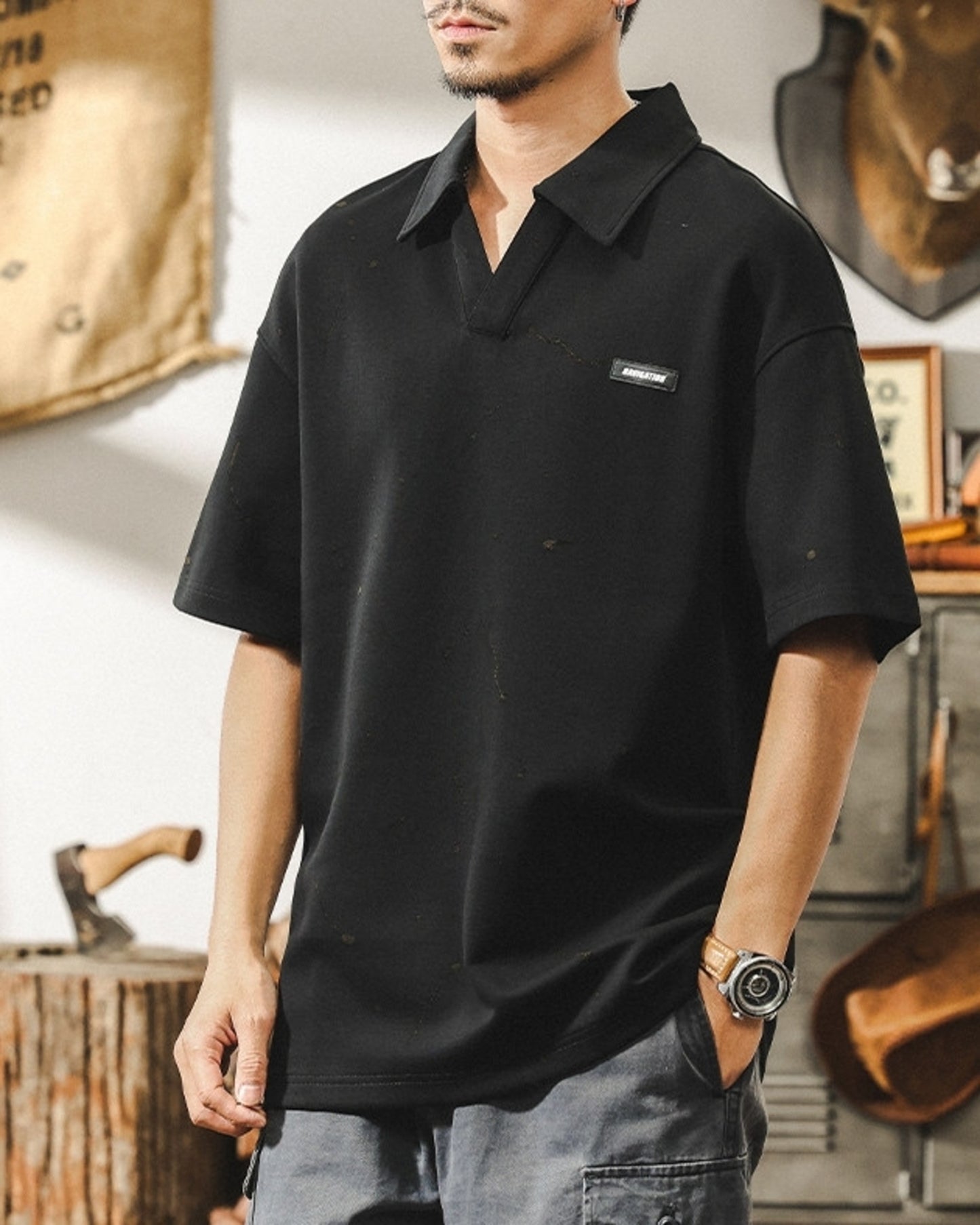vintage casual loose short sleeve polo shirt 2color 【ACT0228】