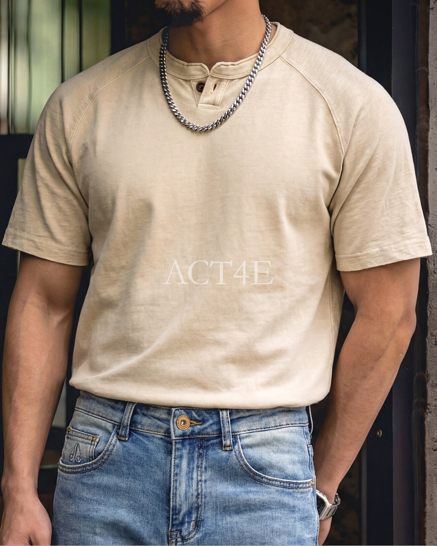 Henley-Neck Raglan-Sleeve Loose Casual T-Shirt 2color 【ACT0085】