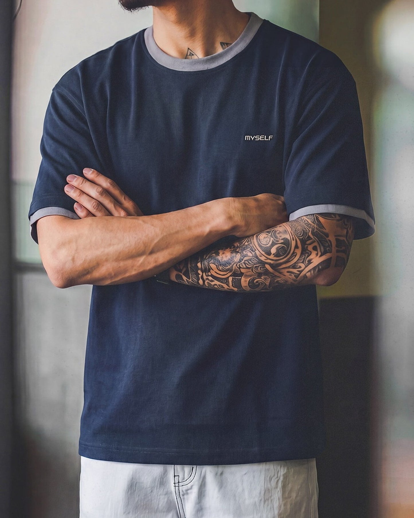 Contrast-Trim Embroidered-Logo Classic Vintage T-Shirt 【ACT0095】