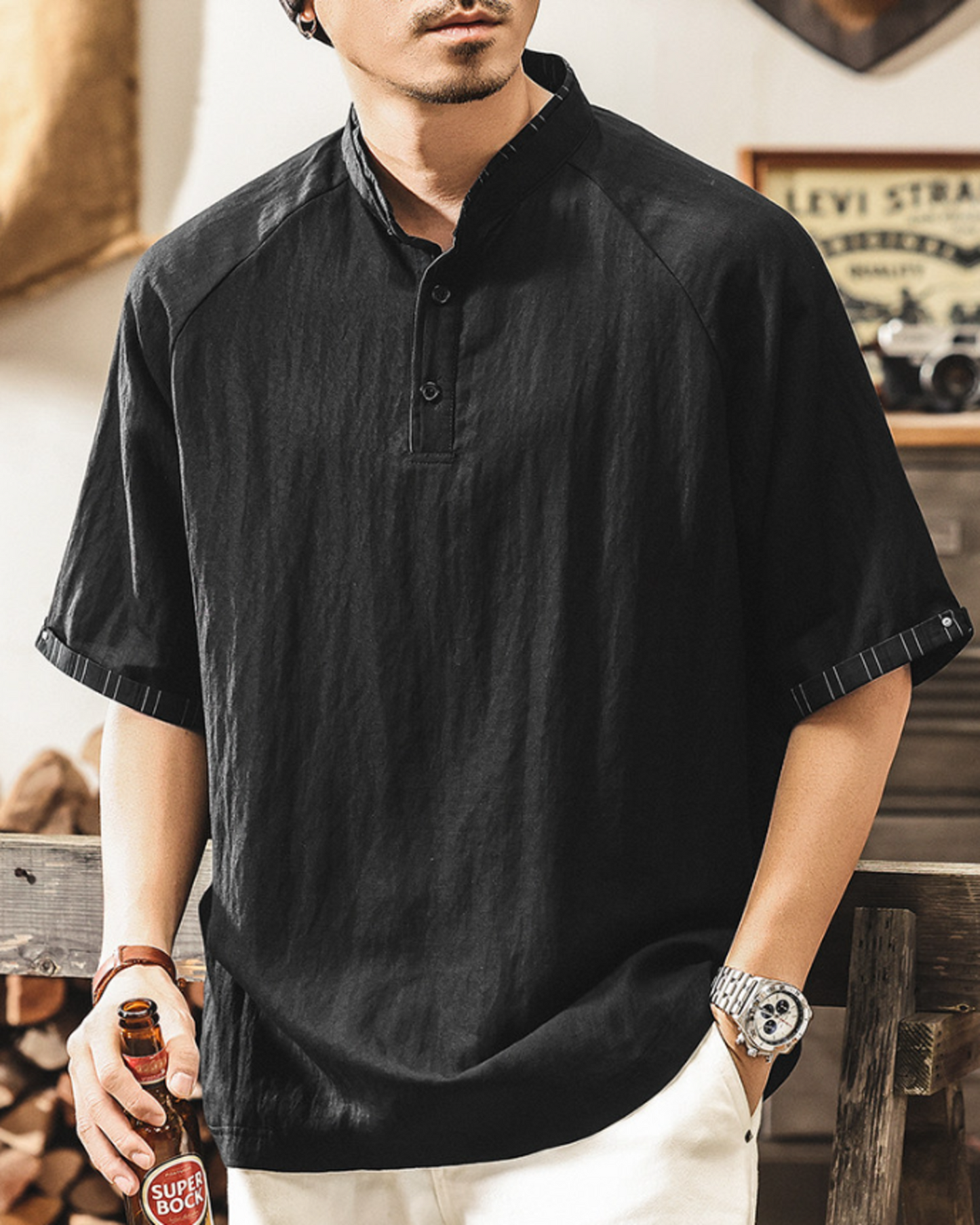 band collar henley neck short sleeve shirt 2color 【ACT0166】