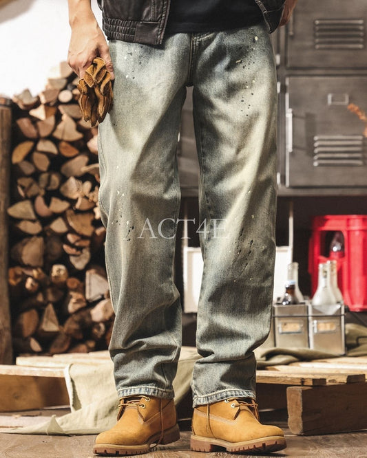 vintage wash splash loose straight denim pants 【ACT0225】