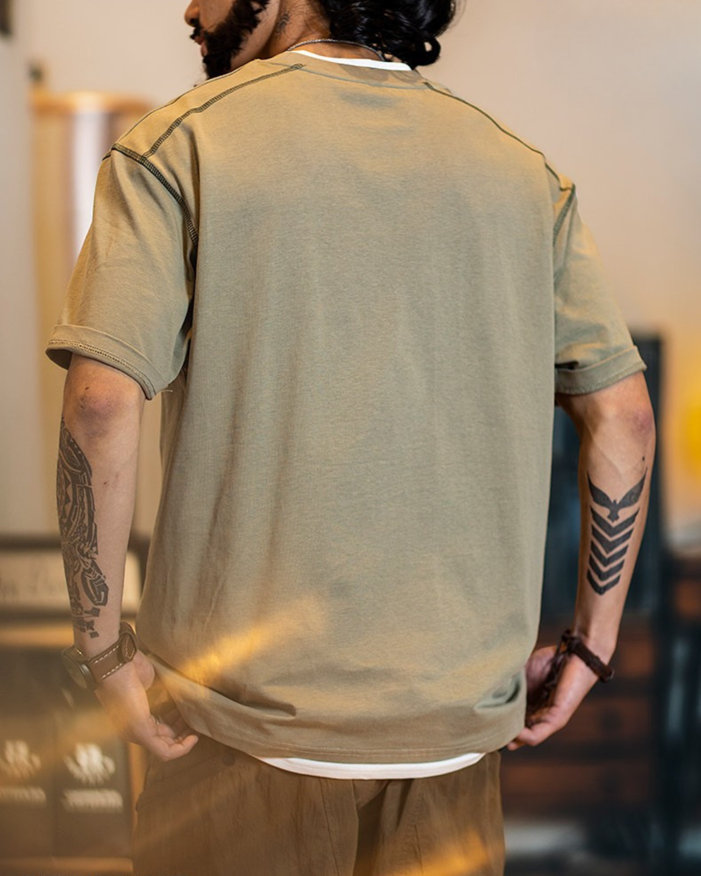 Panel stitched embroidered t-shirt 4color 【ACT0065】