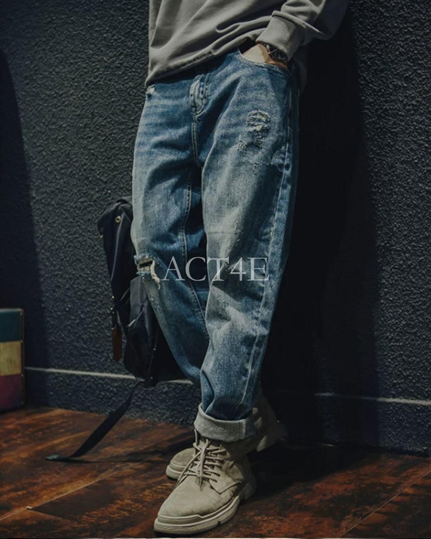 damage straight wide denim pants 【ACT0015】