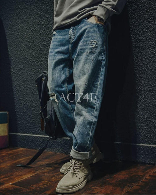 damage straight wide denim pants 【ACT0015】