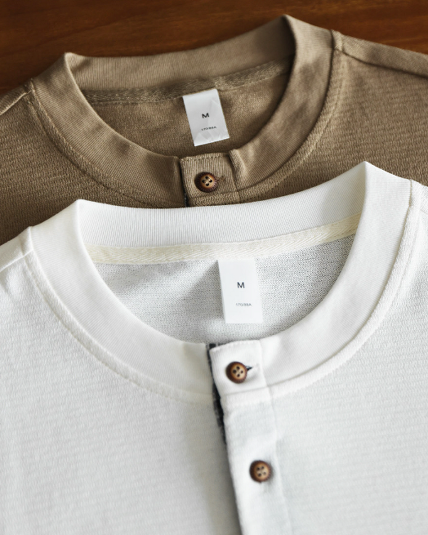 Waffle Relaxed Plaid-Trimmed Henley Neck T-Shirt 2color 【ACT0107】